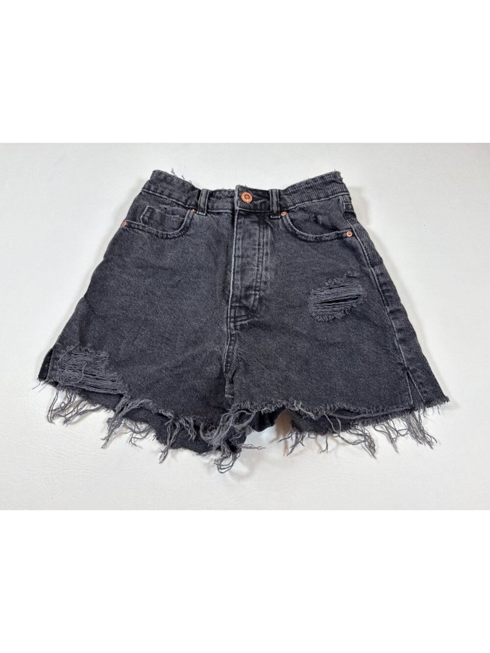 Zara Womens Distressed Black Jean Shorts Size 2 High-Waisted Denim (AA419)
